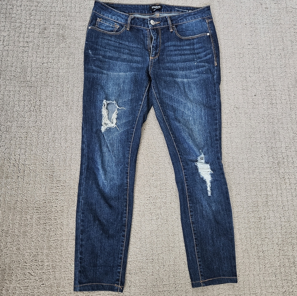 Bebe Heartbreaker Skinny Ankle Distressed Jeans Dark washed Stretch Size 28